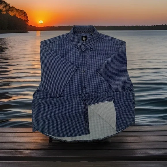 Michael Strahan Mens Sz Med Dark Blue Geometric Short Sleeve Button Down Shirt - Picture 2 of 9